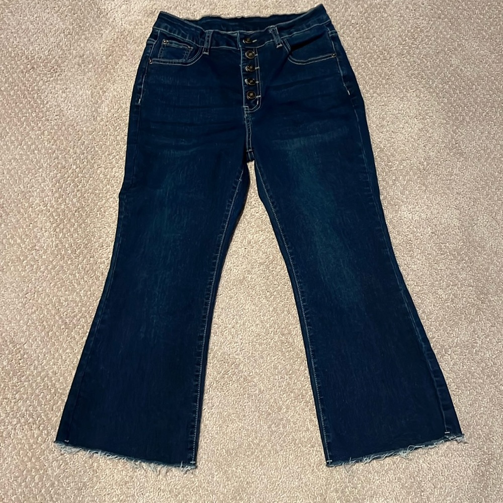 Dark Denim Cropped Boot Cut Button Fly Jeans